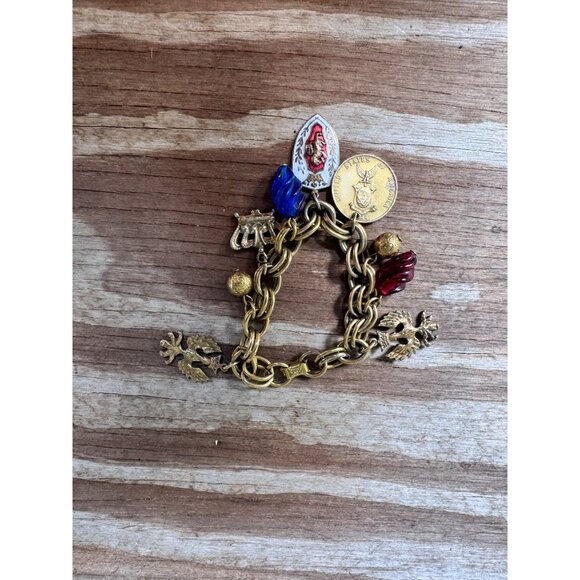 Vintage Coro Gold-Tone Charm Bracelet With Religious & Musical Motifs Red & Blue - Picture 5 of 8